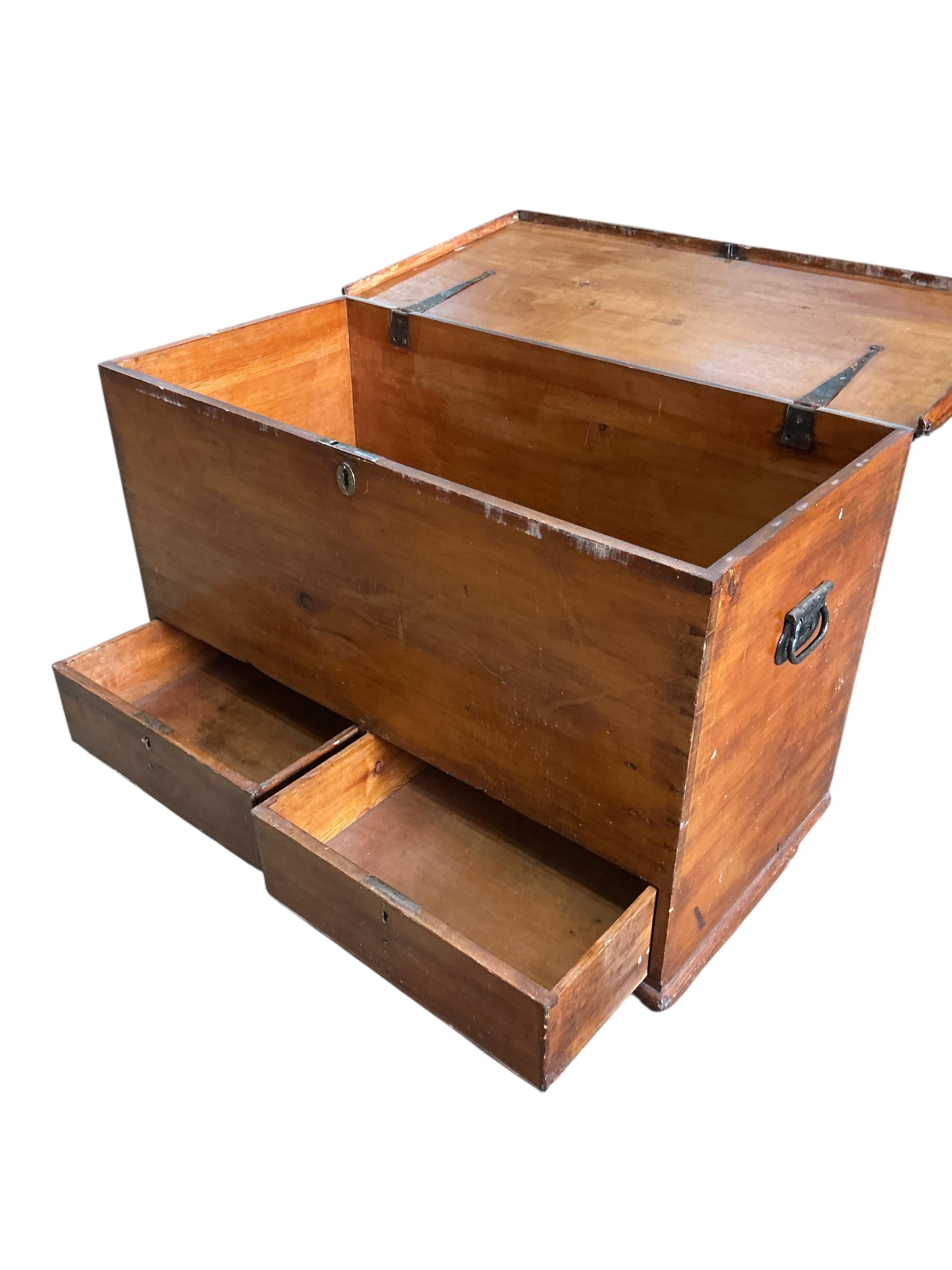 A Victorian pine two drawer trunk, width 94cm, depth 46cm, height 79cm